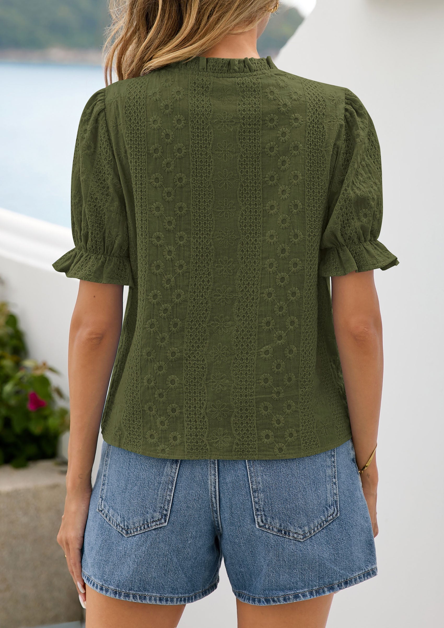 PRETTYGARDEN Womens Puff Short Sleeve Tops 2026 Summer Spring Button Down Boho Embroidered Cute Blouse Dressy Casual Shirts PRETTYGARDEN