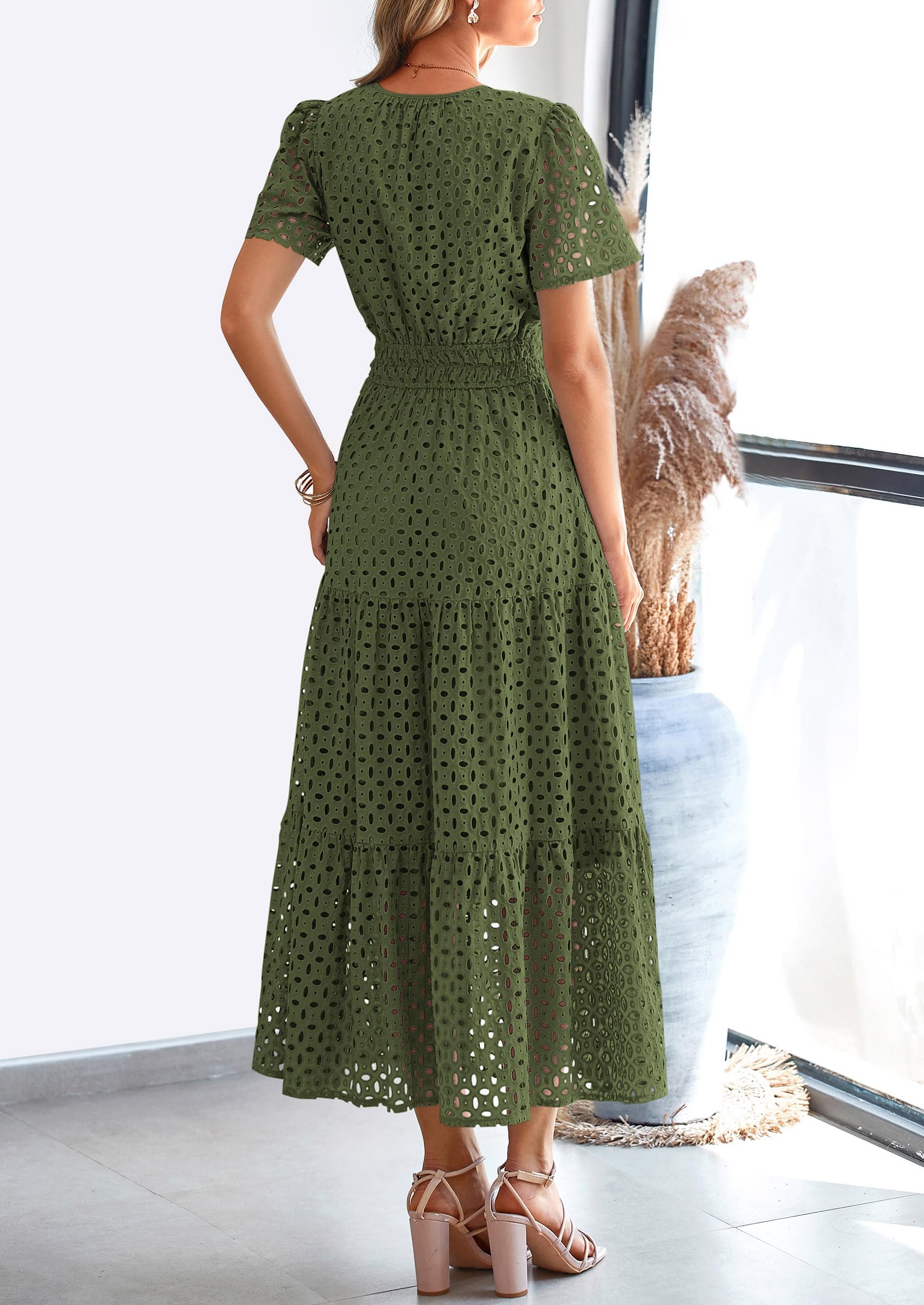 PRETTYGARDEN Womens Maxi Dress Short Sleeve V Neck Hollow Out Eyelet A Line Long Flowy Beach Vacation Dresses