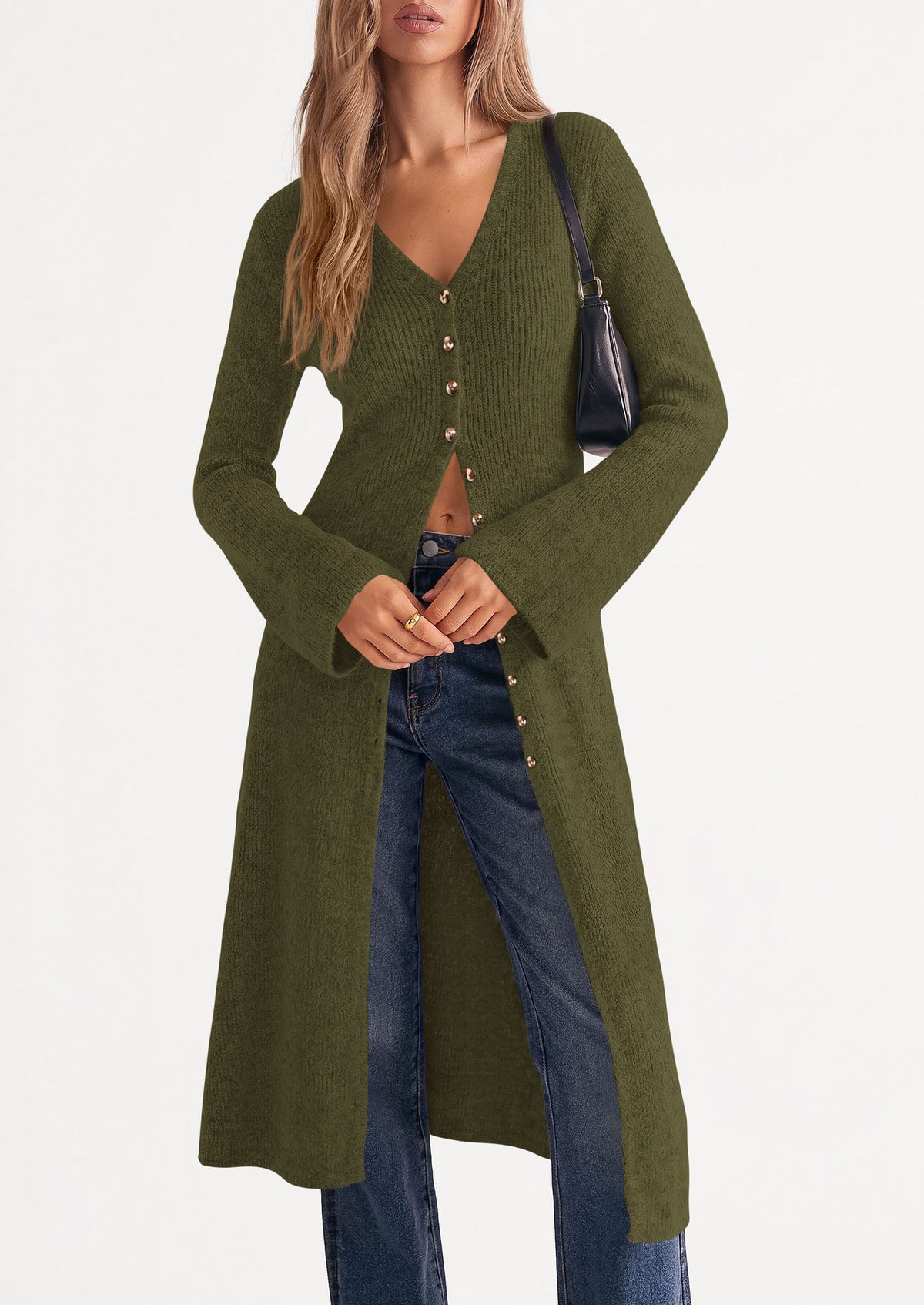 PRETTYGARDEN Women Long Cardigan Bell Sleeve Sweater Dress  Early Fall Fashion, V Neck Button Down Coats, Fit and Flare, Duster Sweater, Business Casual Outfits, Acrylic Cotton Blend