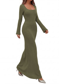 PRETTYGARDEN Women's Fall Long Sleeve Maxi Bodycon Dresses | Soft Stretchy Ribbed Knit, Bell Sleeve Square Neck Mermaid, Elegant Long Dress, Wedding Guest Party, 2026 Winter Clothing