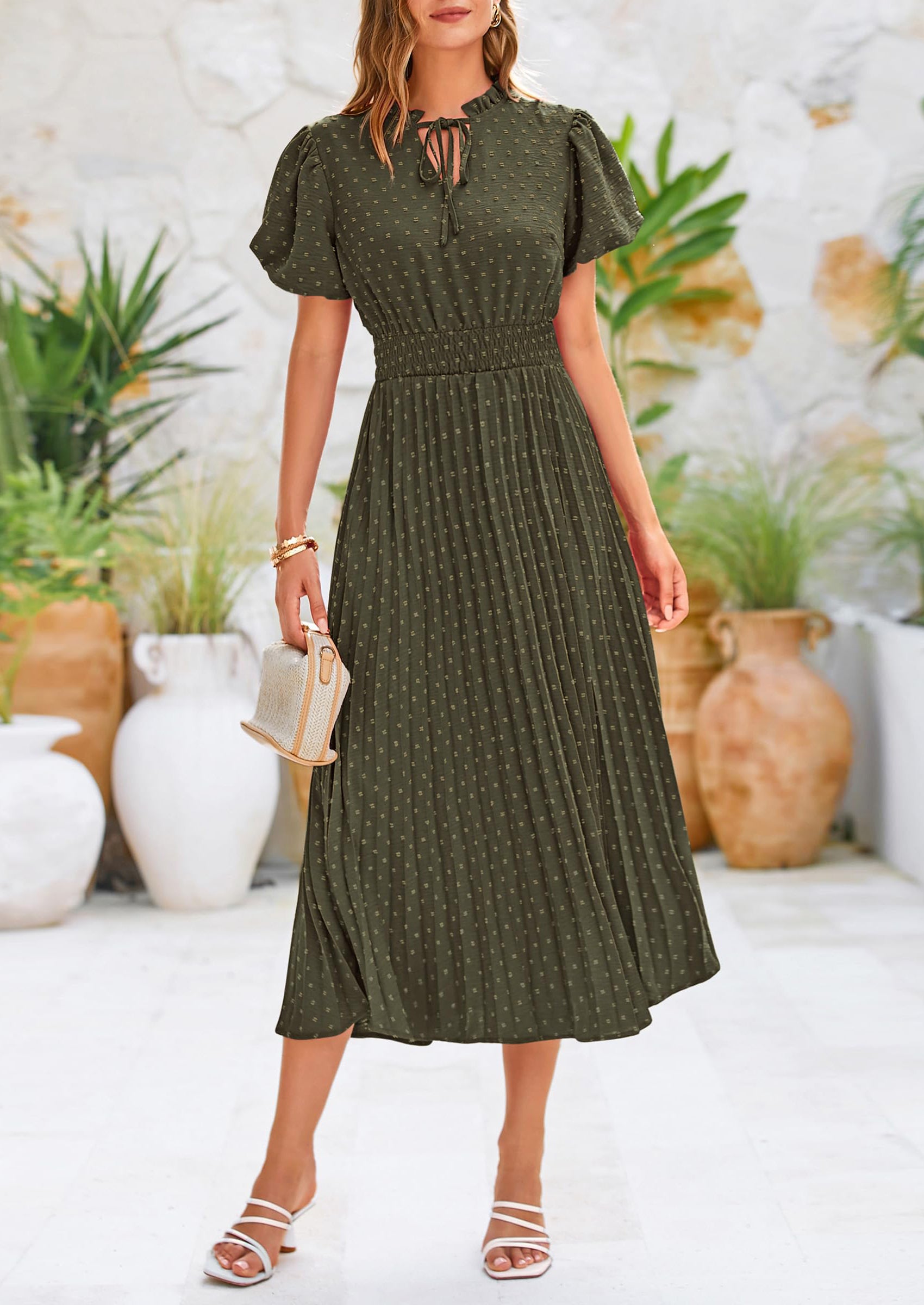 PRETTYGARDEN Womens Midi Dresses Puff Short Sleeve V Neck Swiss Dot Pleated A Line Flowy Long Wedding Guest Dress