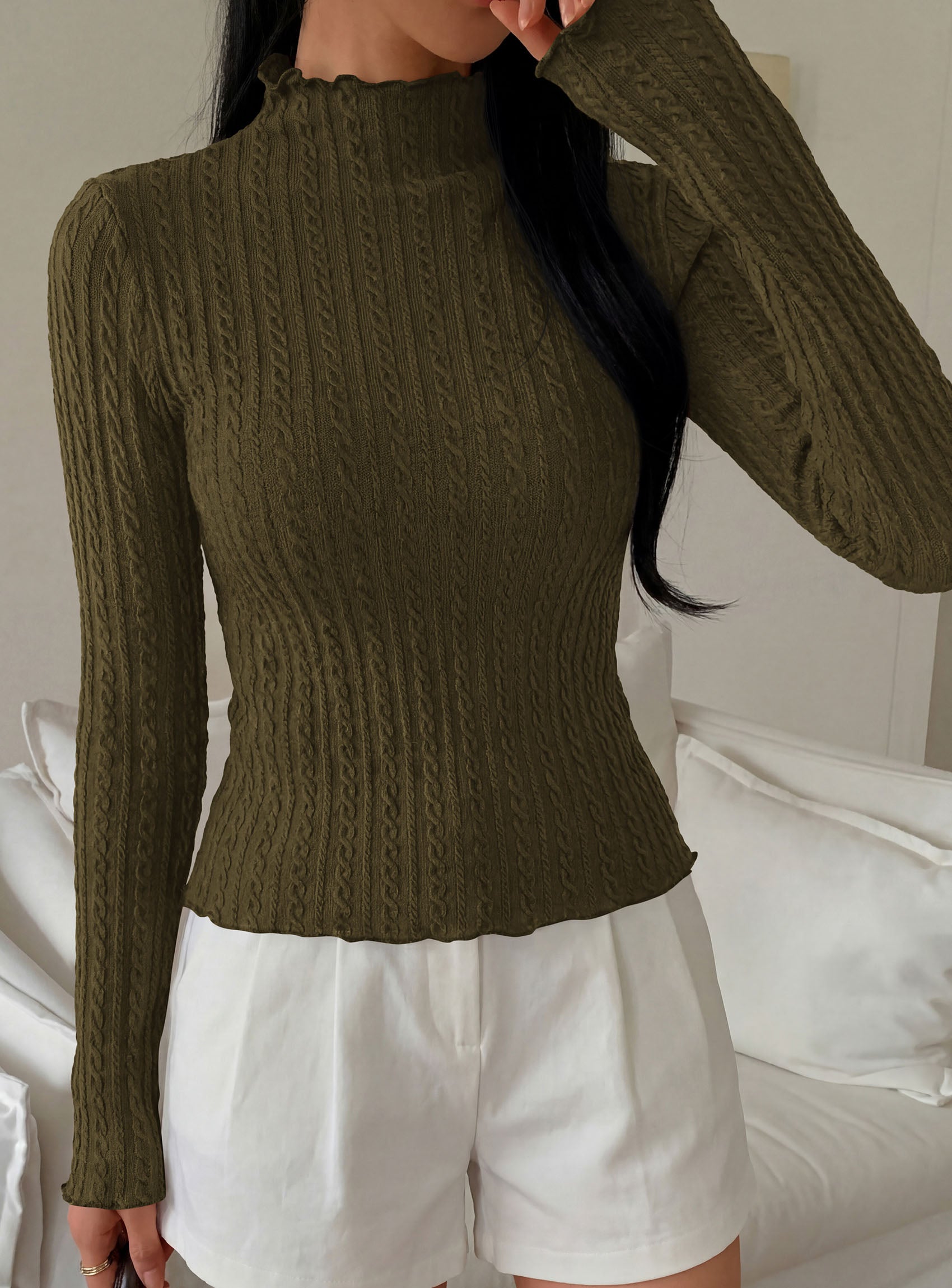 PRETTYGARDEN Women's Fall Long Sleeve Fitted Shirts | Comfy Stretchy Cable Knit, Trendy Lettuce Trim Mock Neck, Casual Basic Tees, Cute Layering Tops, 2026 Fashion Clothing