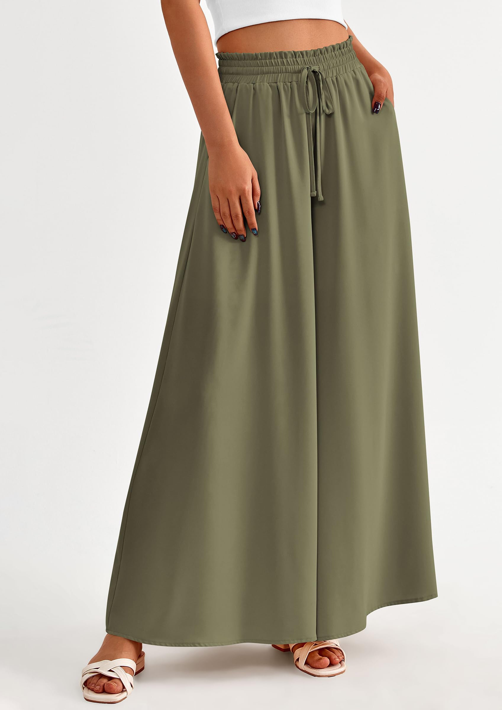 PRETTYGARDEN Women's Summer Wide Leg Palazzo Pants High Waisted Flowy Pockets Trendy Casual Lounge Boho Beach Trousers