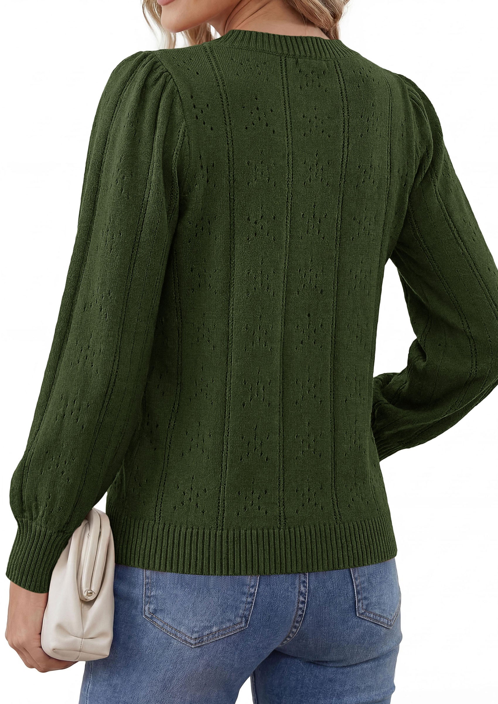 PRETTYGARDEN Women Fall Fashion Hollow Out Holiday Sweaters | Stretchy Cozy Knit, Puff Long Sleeve Pullover Tops, Crewneck Loose Fit, Dressy Casual Blouse, Trendy Winter Going Out Outfits