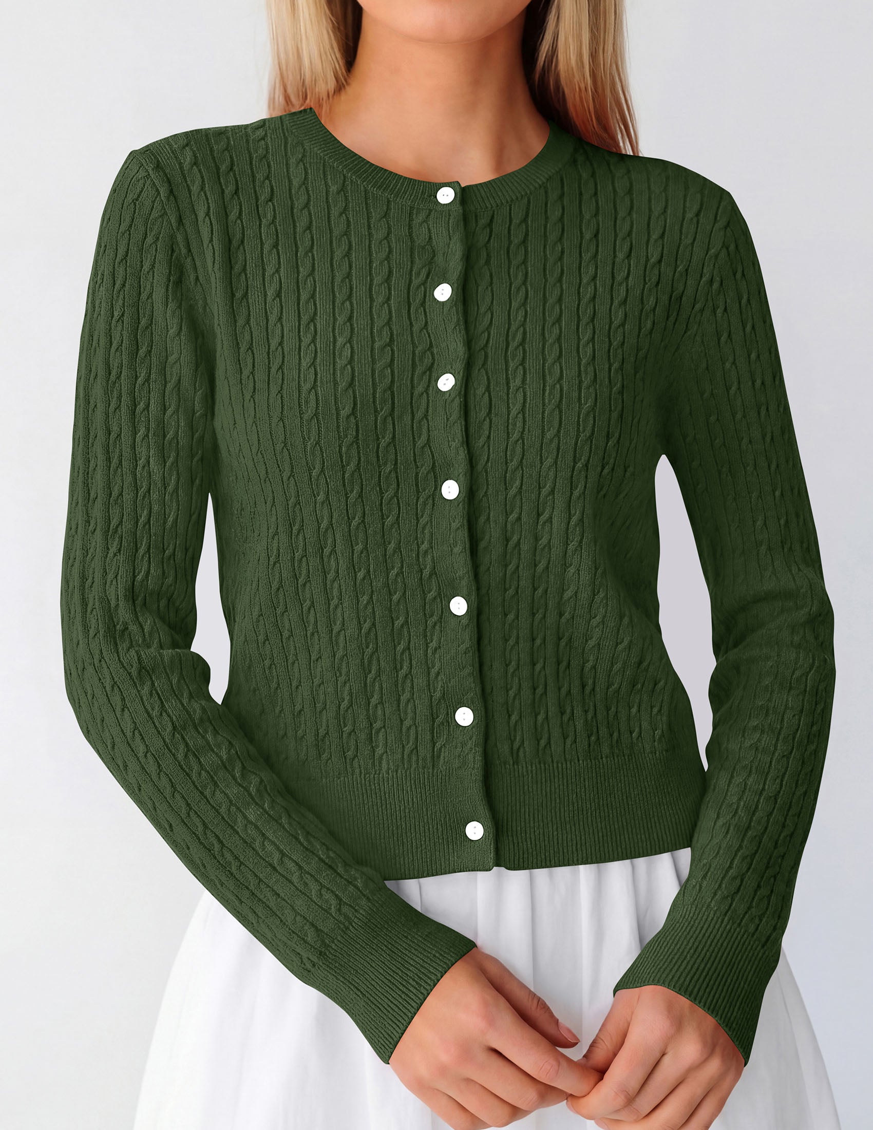 PRETTYGARDEN Women Lightweight Button Up Cardigan Sweaters | Soft Stretchy, Cozy Cable Knit, Long Sleeve Crew Neck, Trendy Cardigans, Cute Casual Outfits, Early Fall Fashion Clothing