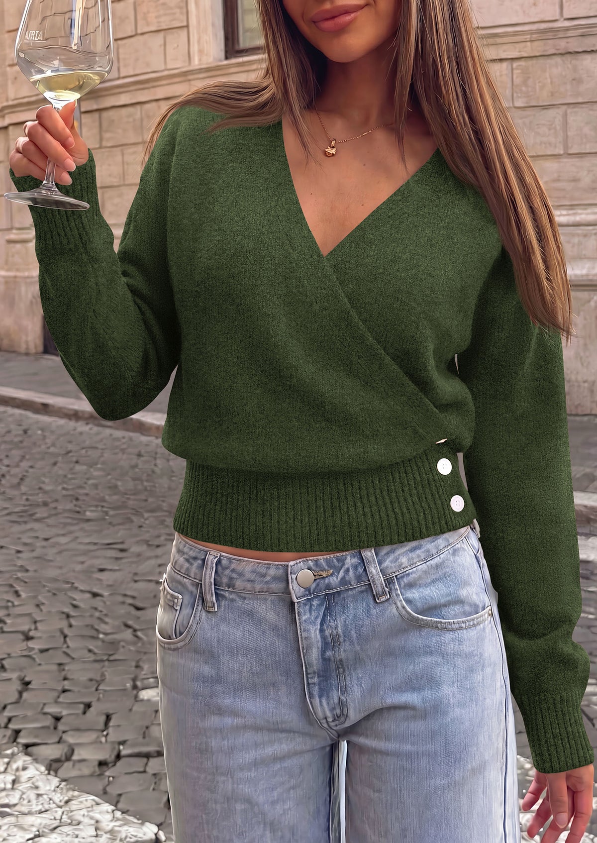 PRETTYGARDEN Women V Neck Wrap Sweater Cropped Tops Fall Winter Fashion 2026, Business Casual Outfits, Stretchy Soft knit, Wide Ribbed Hem with Side Buttons Pullover Sweaters