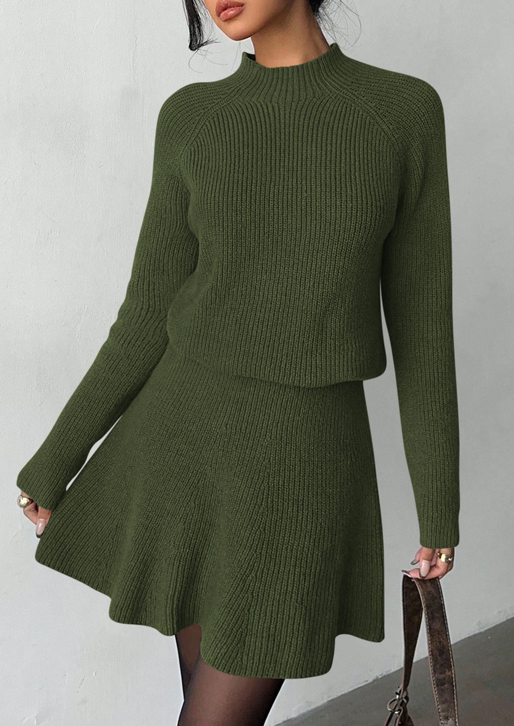 PRETTYGARDEN Women's Fall 2 Piece Outfits Matching Sweater Skirt Sets  Cozy Ribbed Knit, Raglan Long Sleeve, Crewneck Pullover, Elastic Waist A Line, Mini Short Skirts, Holiday Winter Clothing