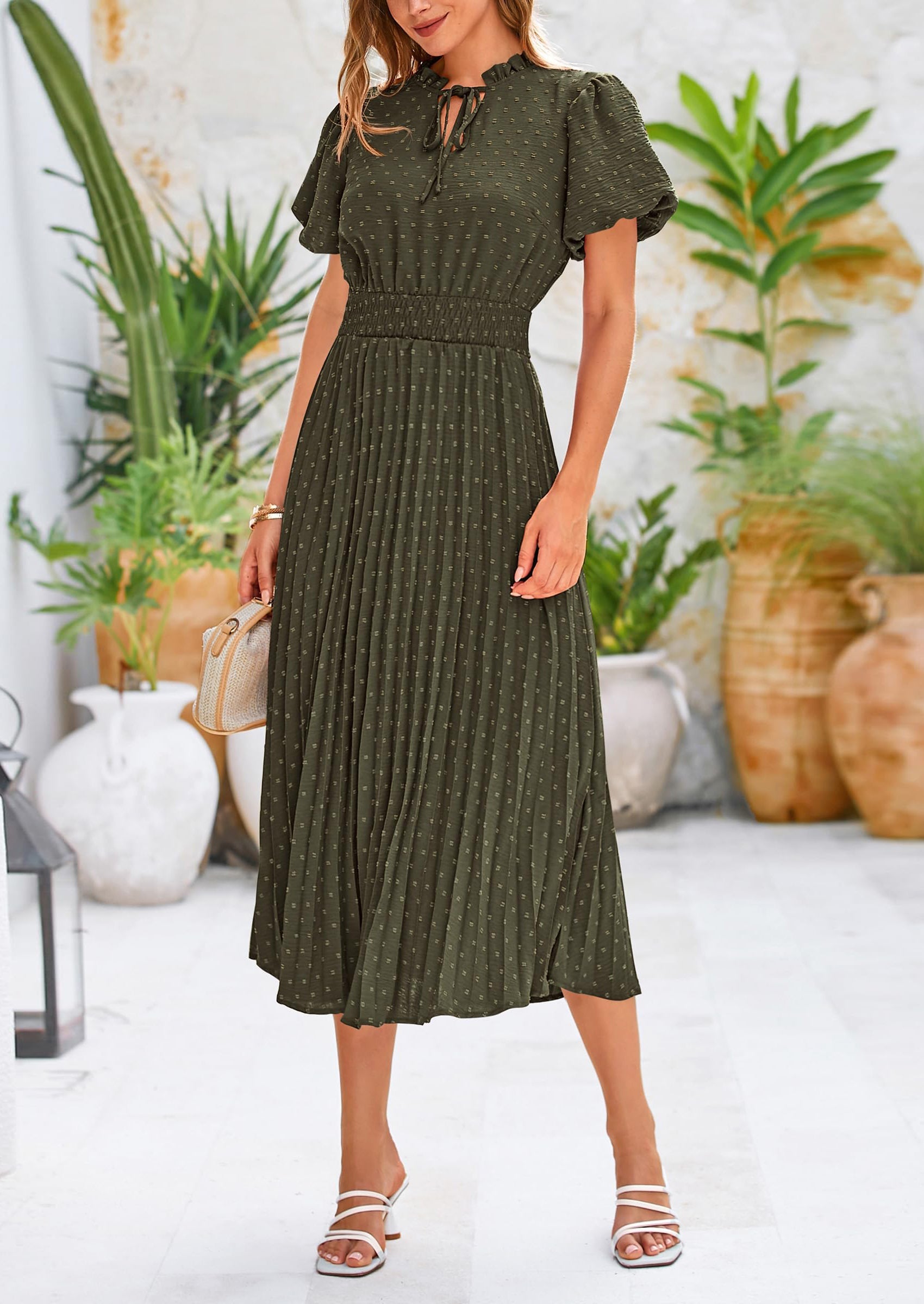 PRETTYGARDEN Womens Midi Dresses Puff Short Sleeve V Neck Swiss Dot Pl PRETTYGARDEN Womens Midi Dresses Puff Short Sleeve V Neck Swiss Dot Pl