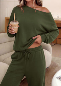 PRETTYGARDEN Womens 2 Piece Casual Matching Lounge Sets  Fashion Off the Shoulder Sweatshirt, Wide Leg Pants with Pockets, Comfy Airport Travel Outfit, 2026 Trendy Fall Set