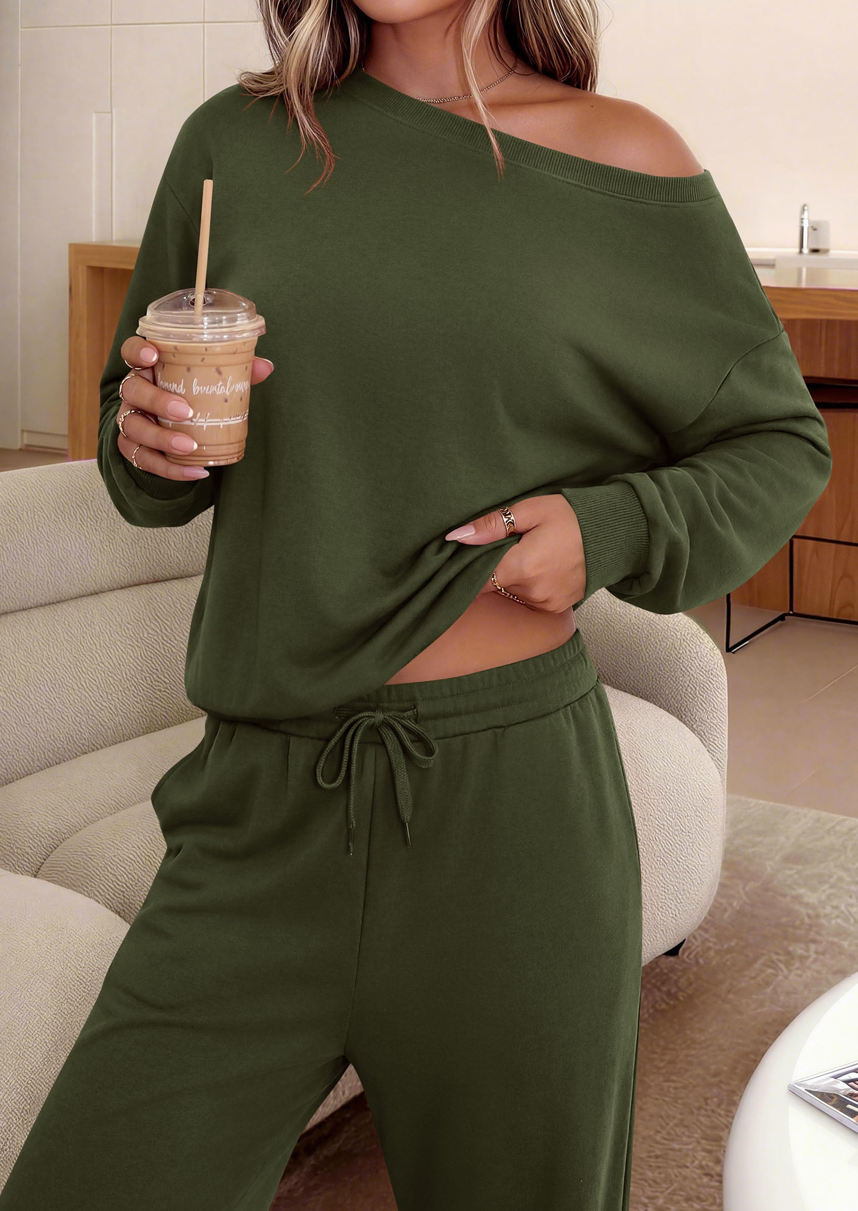 PRETTYGARDEN Womens 2 Piece Casual Matching Lounge Sets  Fashion Off the Shoulder Sweatshirt, Wide Leg Pants with Pockets, Comfy Airport Travel Outfit, 2026 Trendy Fall Set