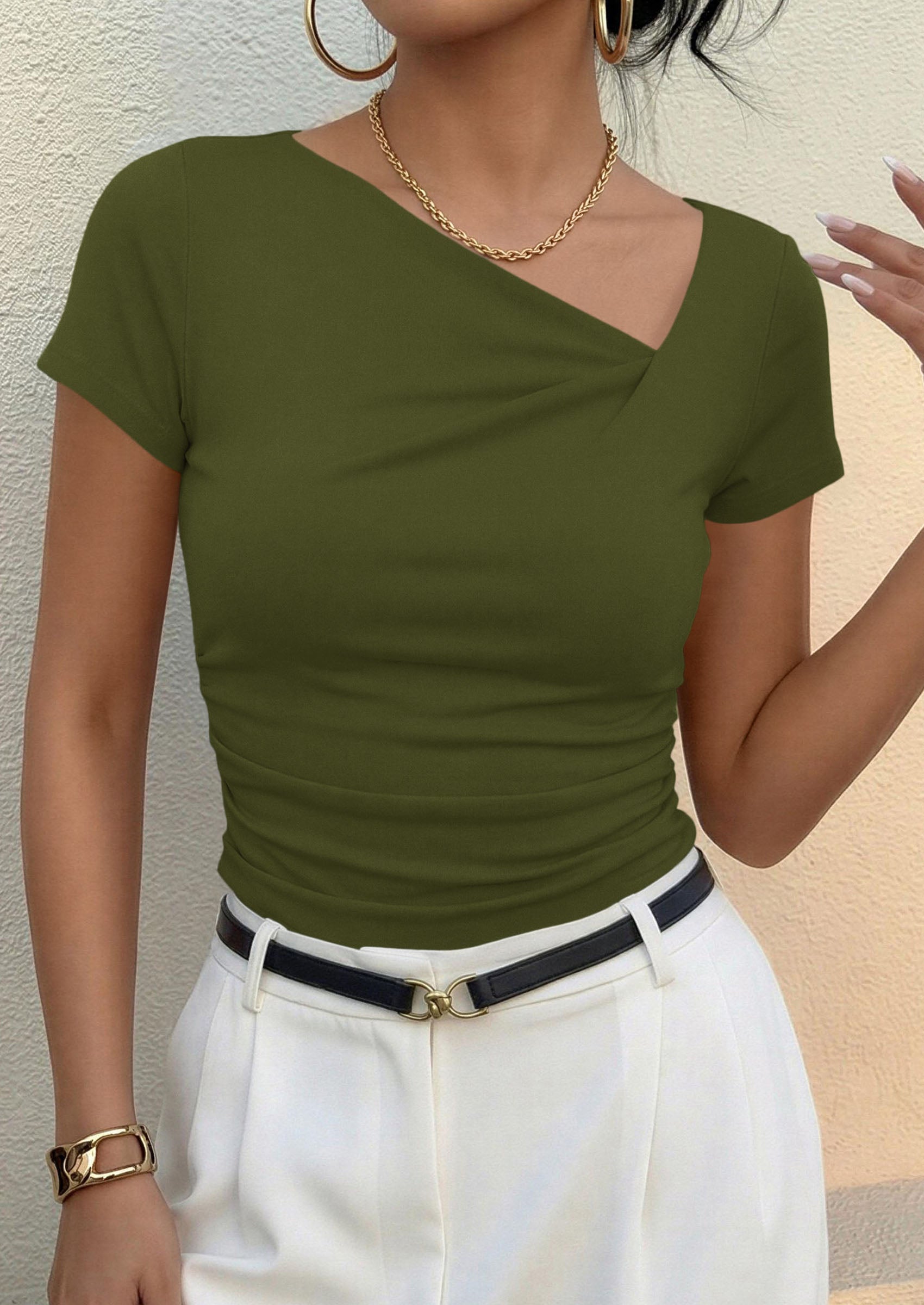 PRETTYGARDEN Women's 2026 Summer Asymmetrical Y2K Tops Trendy Ribbed Short Sleeve Fitted Tee Shirts Spring Fashion Clothing