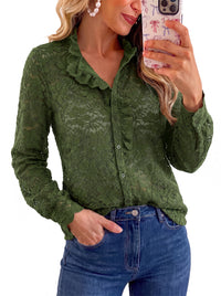 PRETTYGARDEN Women Lace Tops Button Down Long Sleeve Shirts  | Sheer Lace Button Shirts, Elegant Ruffle Collar Blouses, Eyelet Tops Dressy Casual, Date Night Outfit, Fall Fashion Clothing