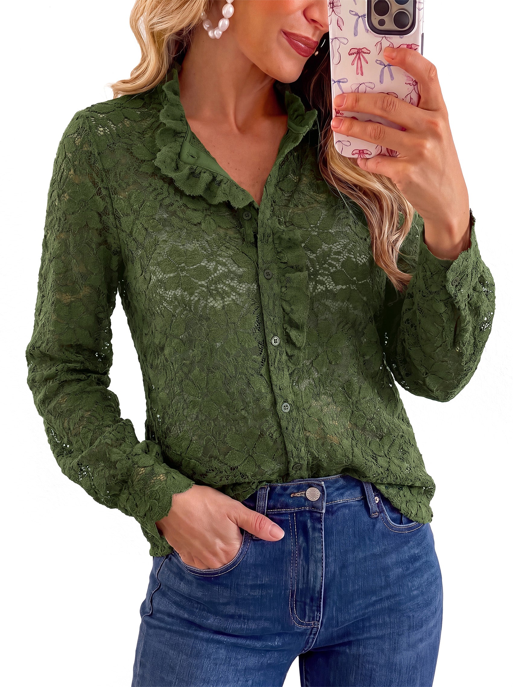 PRETTYGARDEN Women Lace Tops Button Down Long Sleeve Shirts  | Sheer Lace Button Shirts, Elegant Ruffle Collar Blouses, Eyelet Tops Dressy Casual, Date Night Outfit, Fall Fashion Clothing