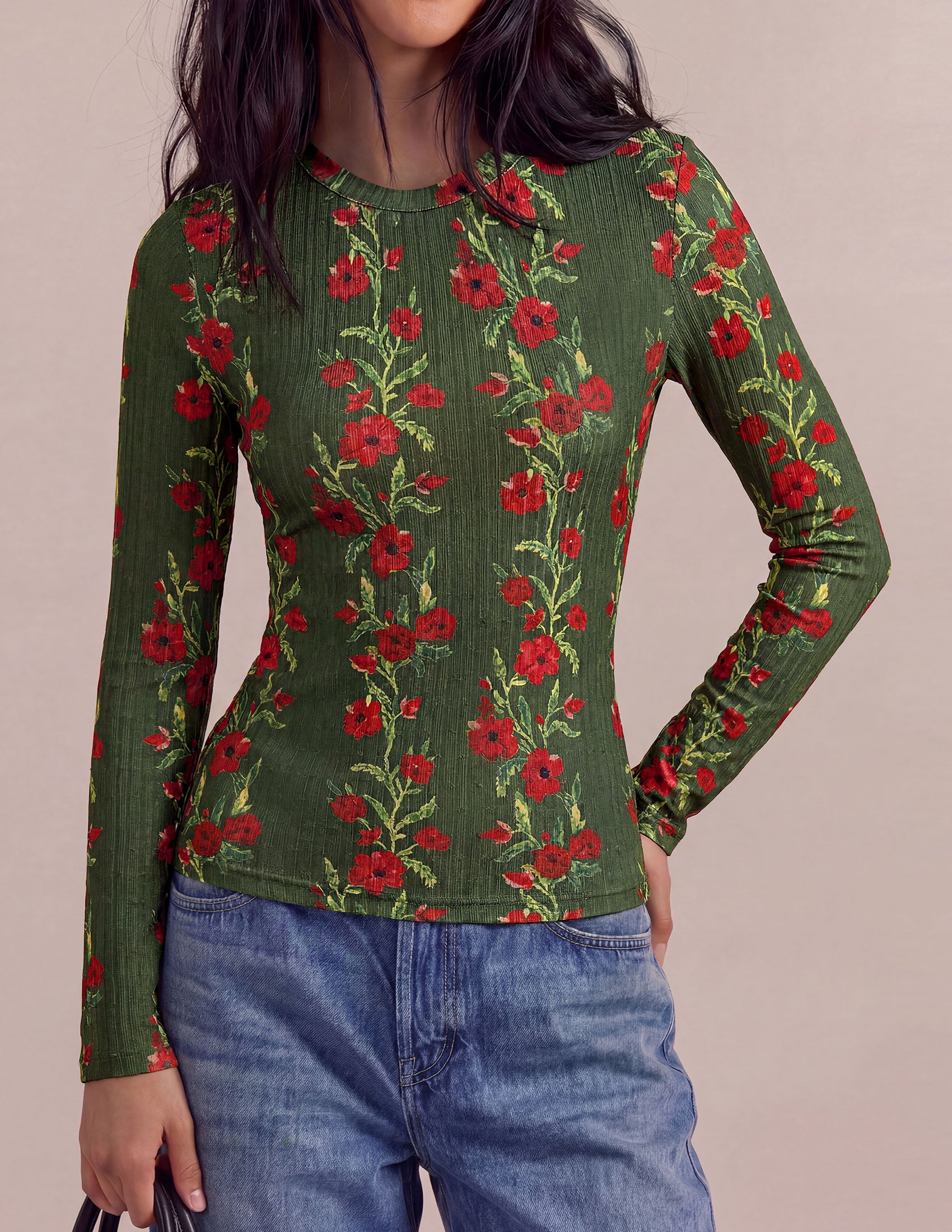 PRETTYGARDEN Womens Long Sleeve Shirts Floral Y2K Tops | Soft Lightweight Ribbed Knit Top,Fitted Waist,Crew Neck Slim Fit,Going Out Vacation Outfits,Layering Fall Winter Clothes