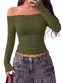PRETTYGARDEN Women Lace Off the Shoulder Cute Going Out Tops | Y2K Cute Long Sleeve Slim Fit Cropped T-Shirt, Sexy Off Shoulder Tops for Women, Date Night Concert Tops,Fall Outfits 2026