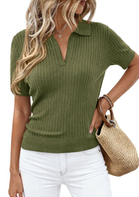 PRETTYGARDEN Women's Short Sleeve Sweater 2026 Spring Polo Shirts Ribbed Knit V Neck Business Casual Tops Summer Work Clothes PRETTYGARDEN