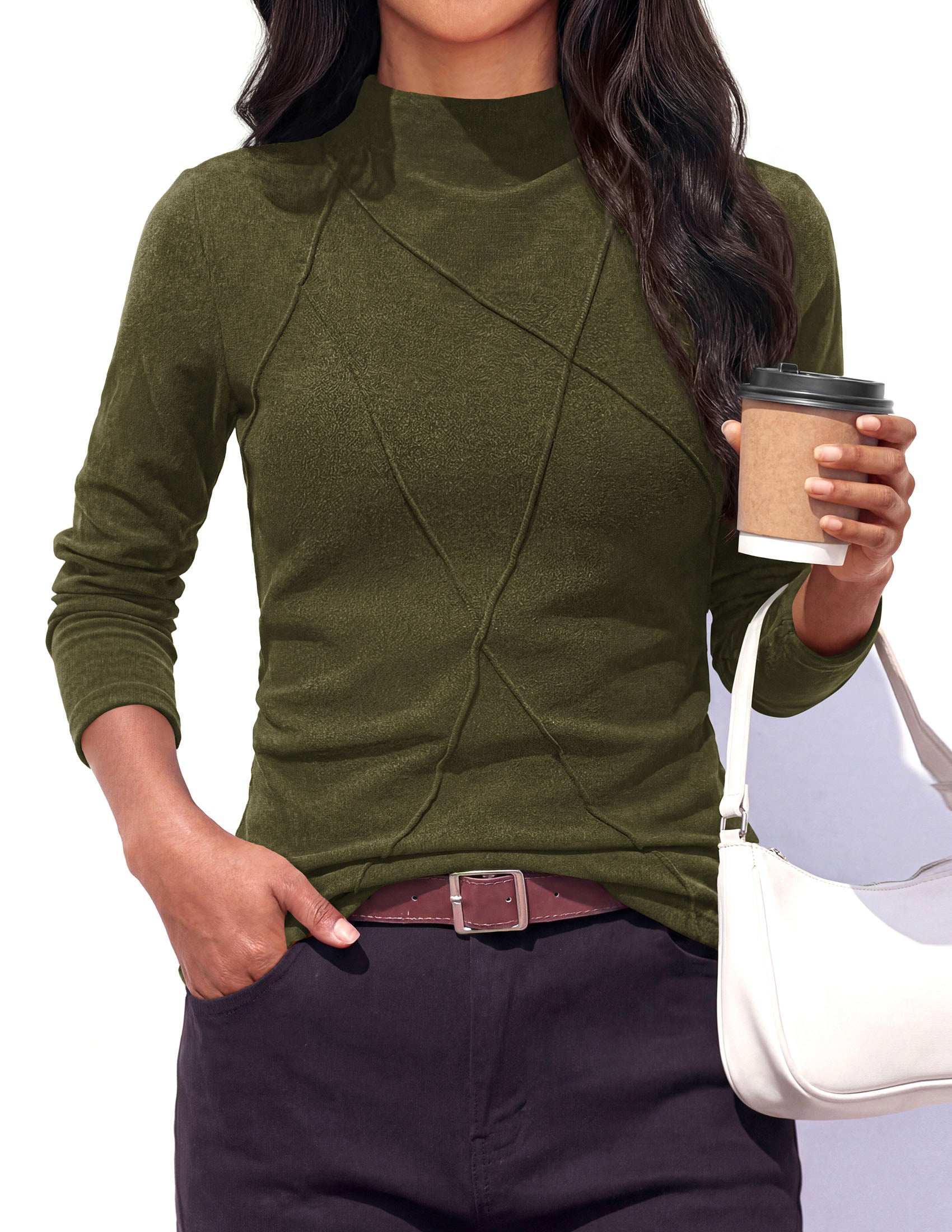 PRETTYGARDEN Women's Fall Mock Neck Long Sleeve Shirts | Soft Stretchy Knit,Geometric Seam Stitching,Slim Fitted Basic Tees,Thermal Casual Wear,Daily Work Layering Winter Tunic Top