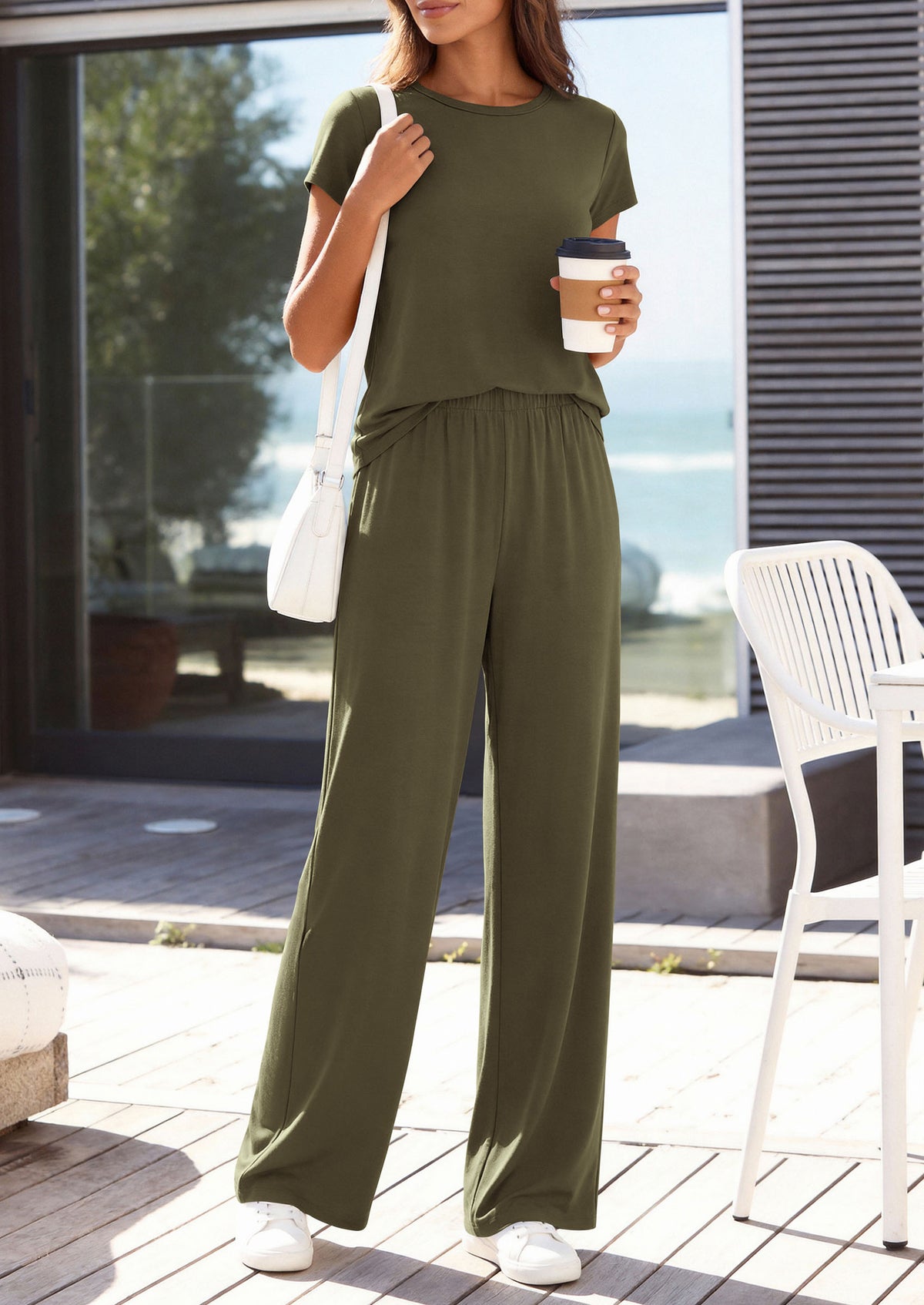 PRETTYGARDEN Women's 2026 Summer 2 Piece Matching Lounge Sets Short Sleeve Shirts Wide Leg Pants Travel Airport Outfits