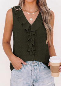 PRETTYGARDEN Womens Tank Tops 2026 Summer Dressy Casual Blouses Sleeveless Ruffle V Neck Swiss Dot Button Down Work Shirts PRETTYGARDEN