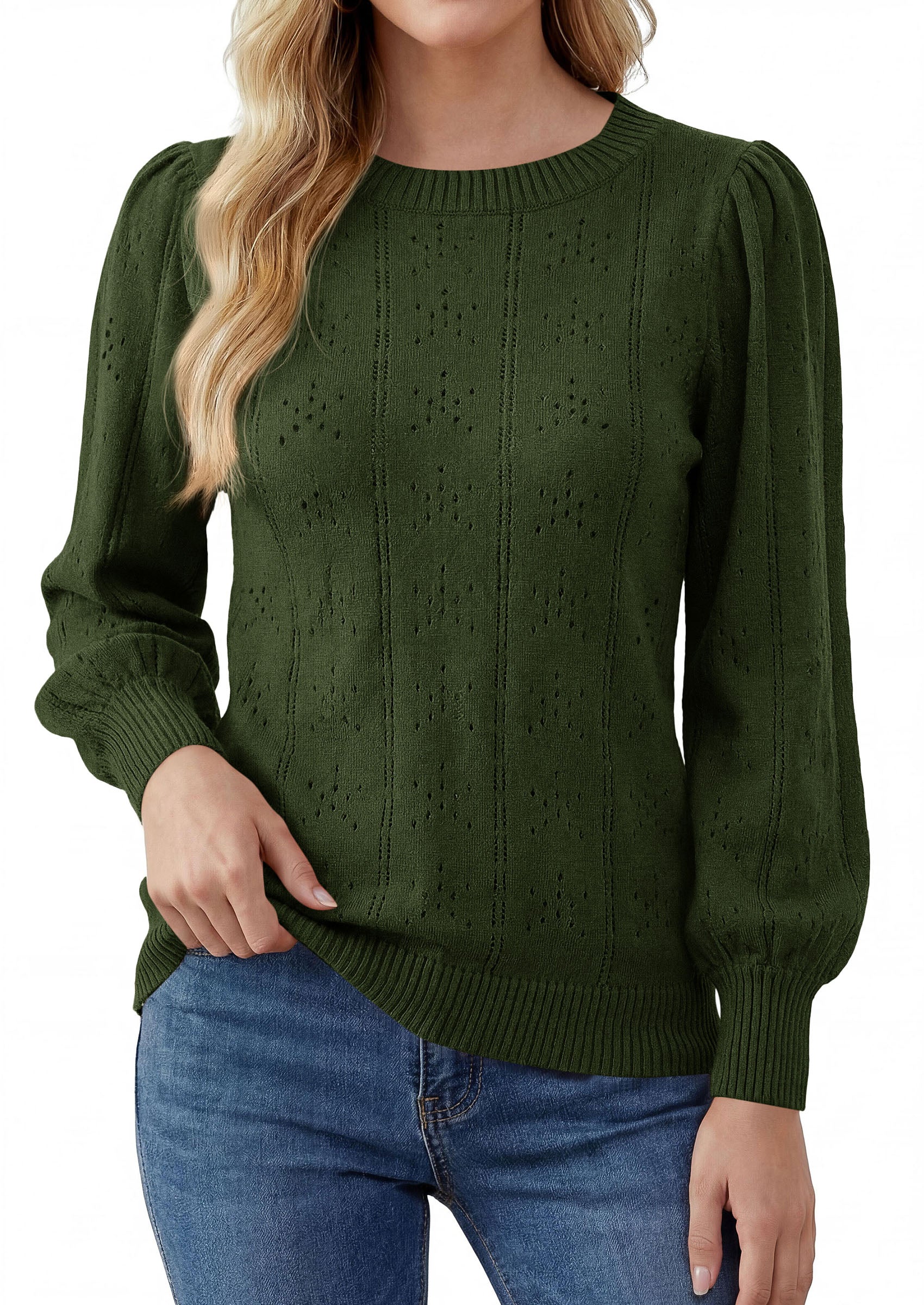 PRETTYGARDEN Women Fall Fashion Hollow Out Holiday Sweaters | Stretchy Cozy Knit, Puff Long Sleeve Pullover Tops, Crewneck Loose Fit, Dressy Casual Blouse, Trendy Winter Going Out Outfits
