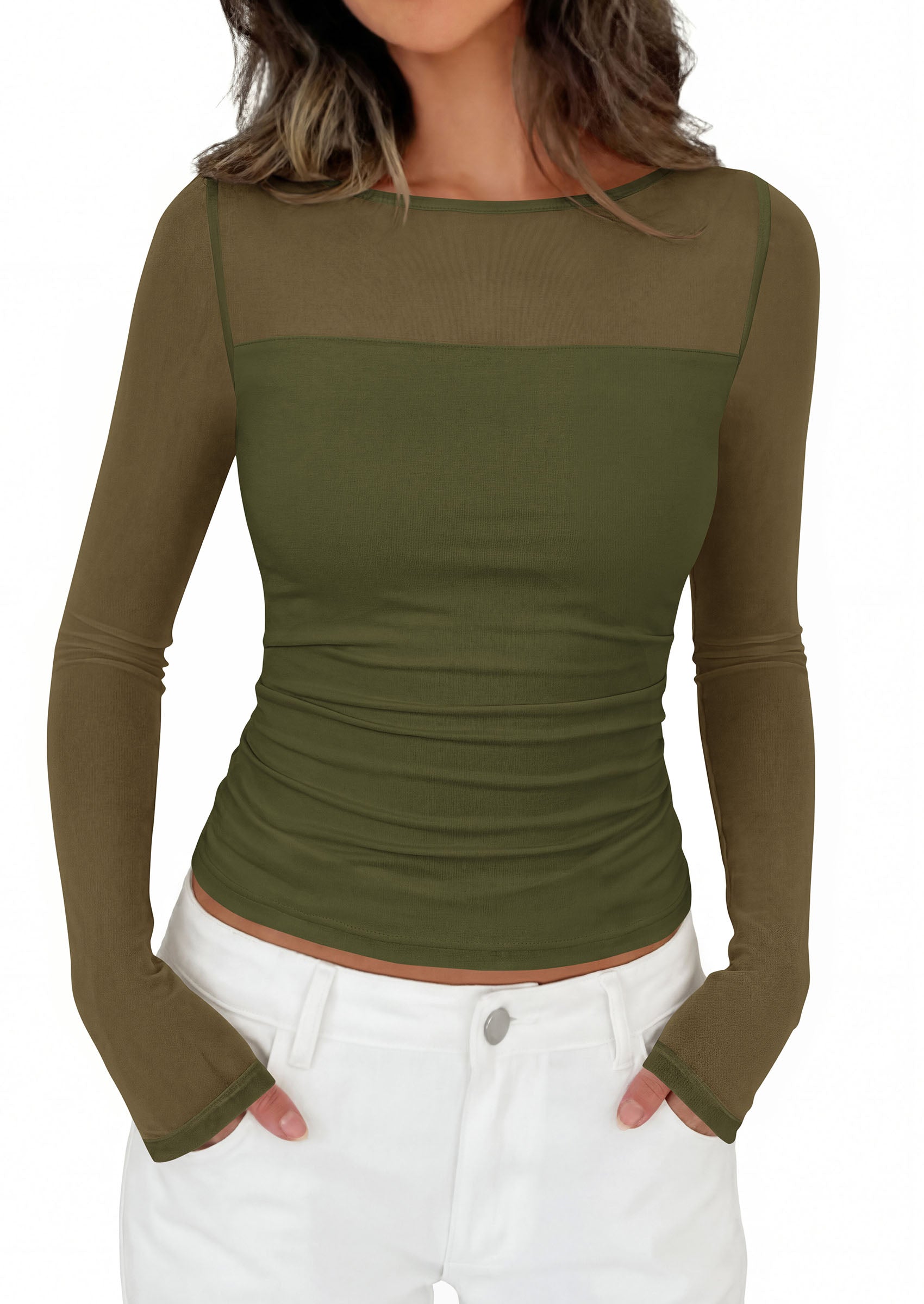 PRETTYGARDEN Women's 2026 Fall Long Sleeve T Shirts Sheer Mesh Boat Neck Ruched Fitted Going Out Summer Tops Fashion Clothing