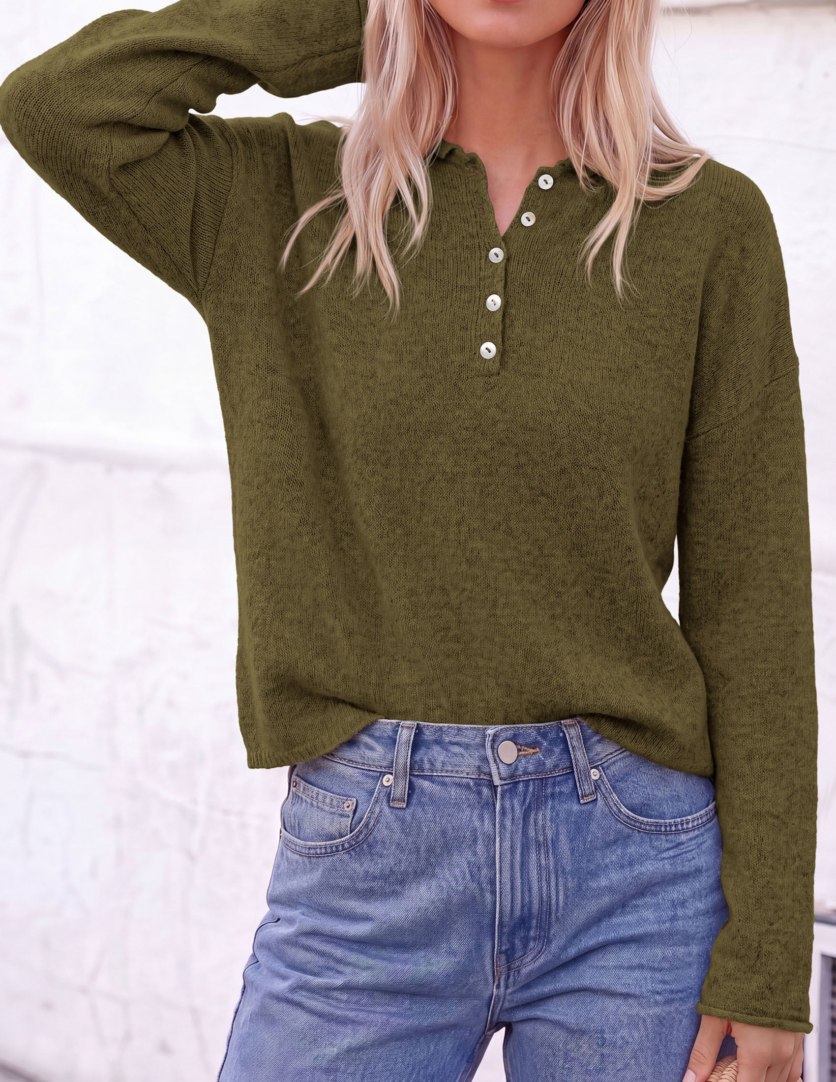PRETTYGARDEN Women's Fall Button Up Cozy Pullover Sweaters | Stretchy Soft Knit, Drop Shoulder Long Sleeve Tops, Henley Crewneck Rolled Edge, Dressy Casual Blouses, Trendy Winter Clothes