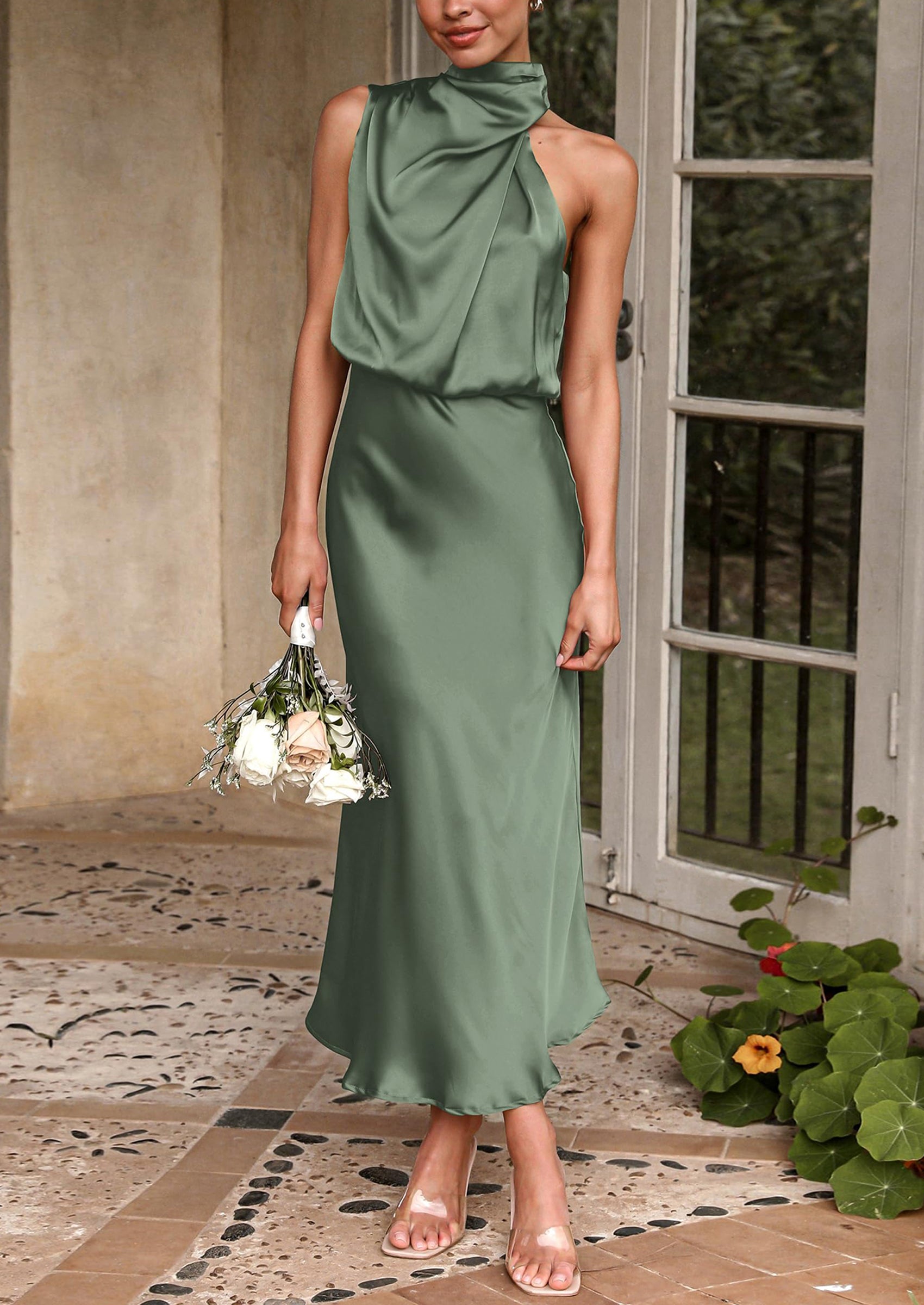 PRETTYGARDEN Women's Summer Satin Dress Elegant Sleeveless Mock Neck Cocktail Party Maxi Dresses