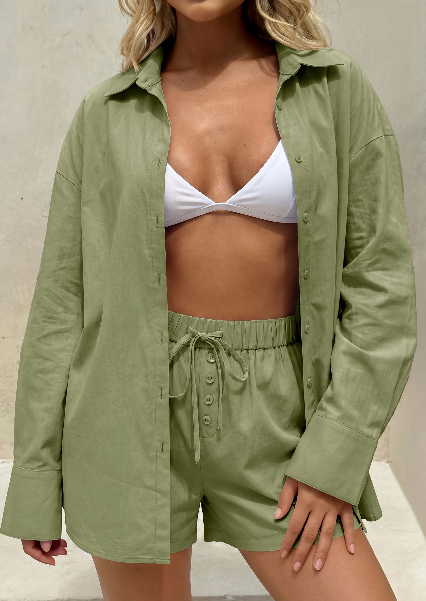 PRETTYGARDEN Women's Summer 2 Piece Matching Lounge Sets Pajamas Long Sleeve Shirts Blouse Pockets Shorts 2026 Spring Outfits