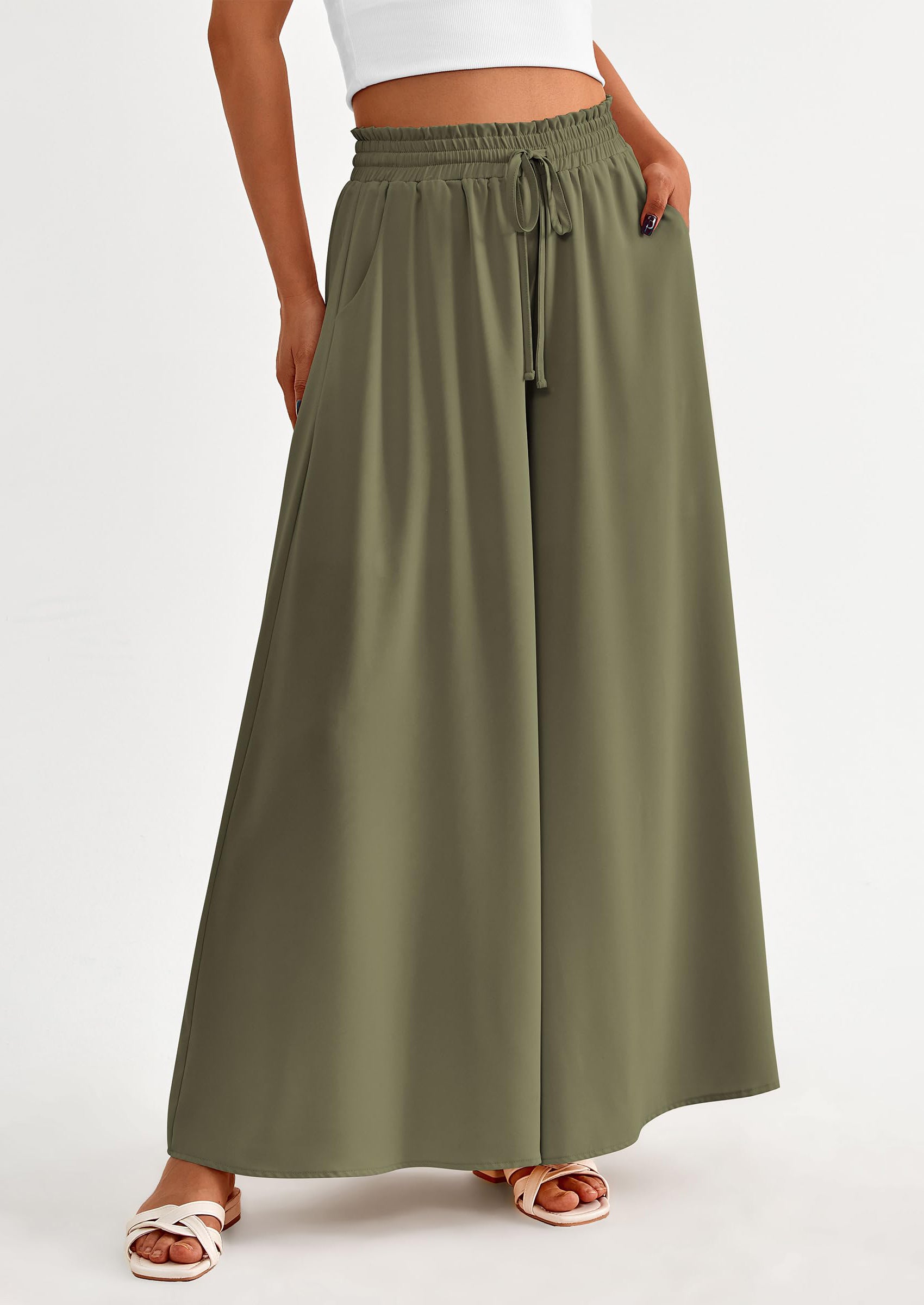 PRETTYGARDEN Women's Summer Wide Leg Palazzo Pants High Waisted Flowy Pockets Trendy Casual Lounge Boho Beach Trousers