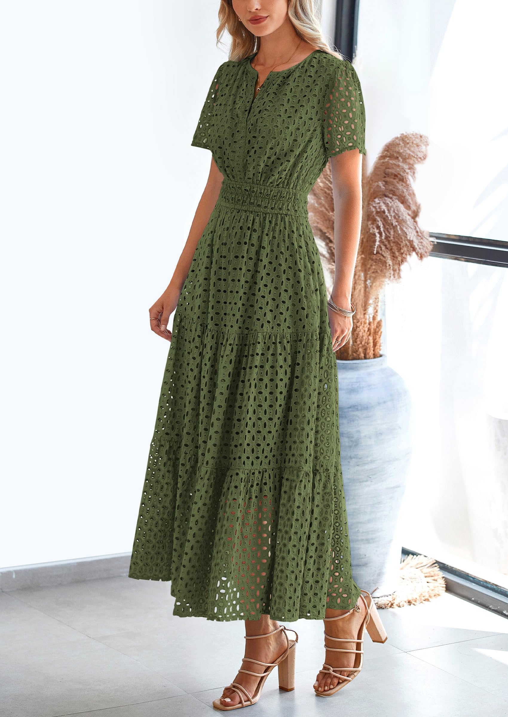 PRETTYGARDEN Womens Maxi Dress Short Sleeve V Neck Hollow Out Eyelet A Line Long Flowy Beach Vacation Dresses