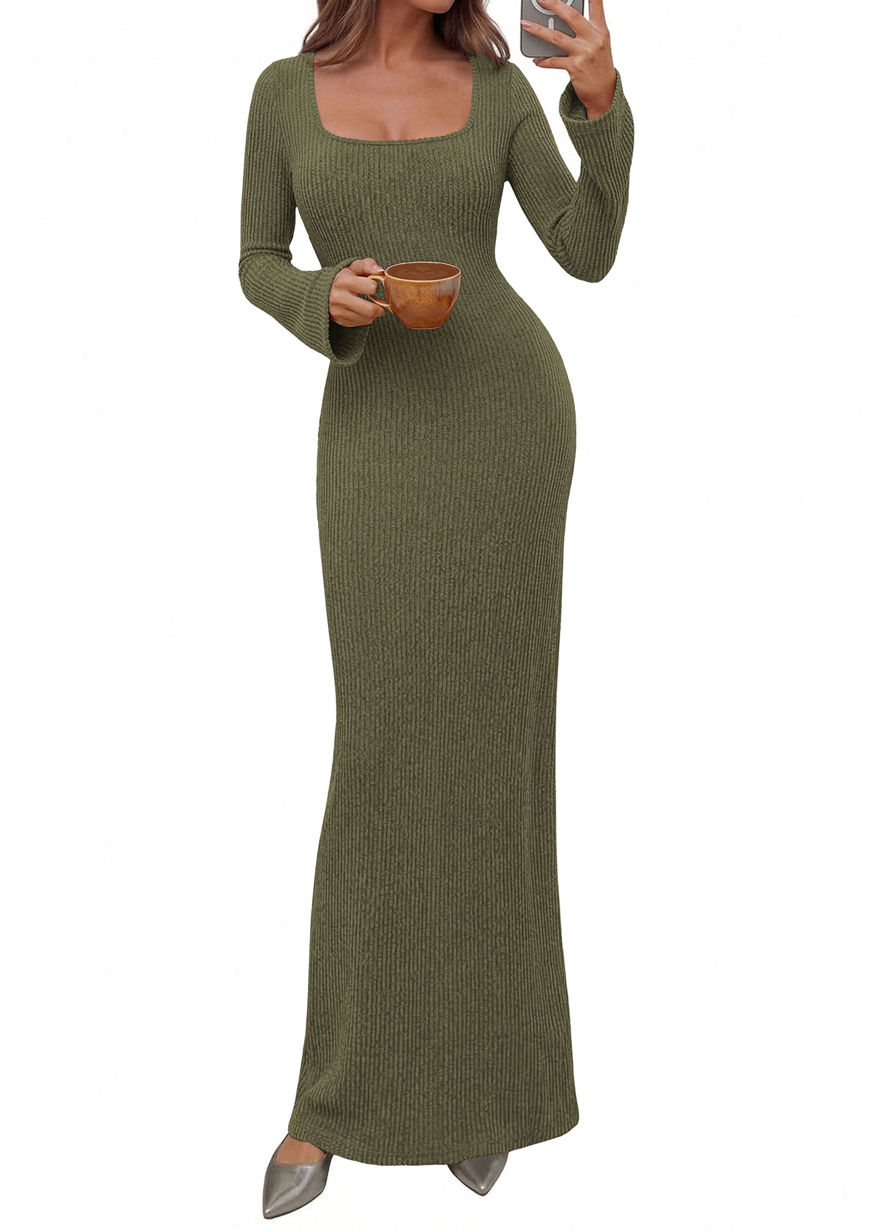 PRETTYGARDEN Women's Fall Long Sleeve Maxi Bodycon Dresses | Soft Stretchy Ribbed Knit, Bell Sleeve Square Neck Mermaid, Elegant Long Dress, Wedding Guest Party, 2026 Winter Clothing