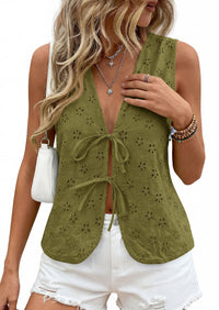 PRETTYGARDEN Women 2026 Summer Tie Front Eyelet Tank Tops Trendy Floral Vest Sleeveless V Neck Dressy Blouse Vacation Outfits PRETTYGARDEN