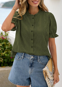 PRETTYGARDEN Womens Puff Short Sleeve Tops 2026 Summer Spring Button Down Boho Embroidered Cute Blouse Dressy Casual Shirts PRETTYGARDEN