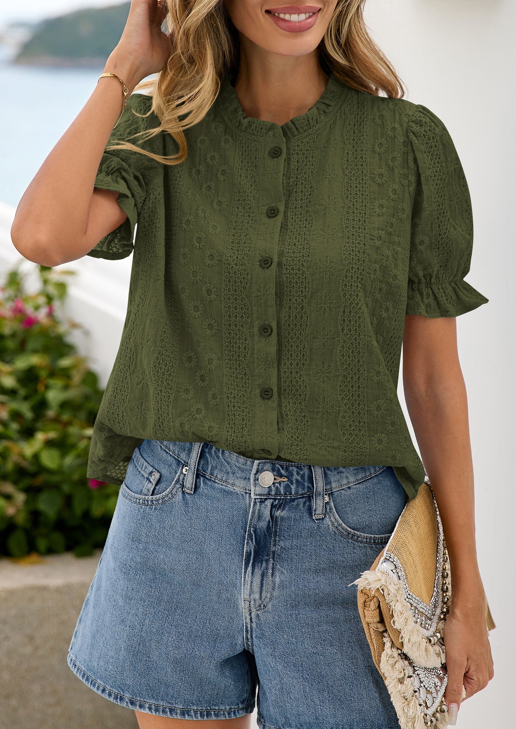 PRETTYGARDEN Womens Puff Short Sleeve Tops 2026 Summer Spring Button Down Boho Embroidered Cute Blouse Dressy Casual Shirts PRETTYGARDEN