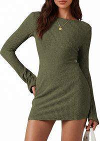 PRETTYGARDEN Womens Fall Bell Long Sleeve Mini Dress 2026 Casual Boat Neck Ribbed Bodycon Short Party Cocktail Dresses