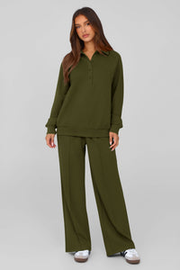 PRETTYGARDEN Women Fall 2 Piece Outfits Sweatsuits Quarter Button Long Sleeve Sweatshirt Wide Leg Pants Tracksuit Lounge Sets