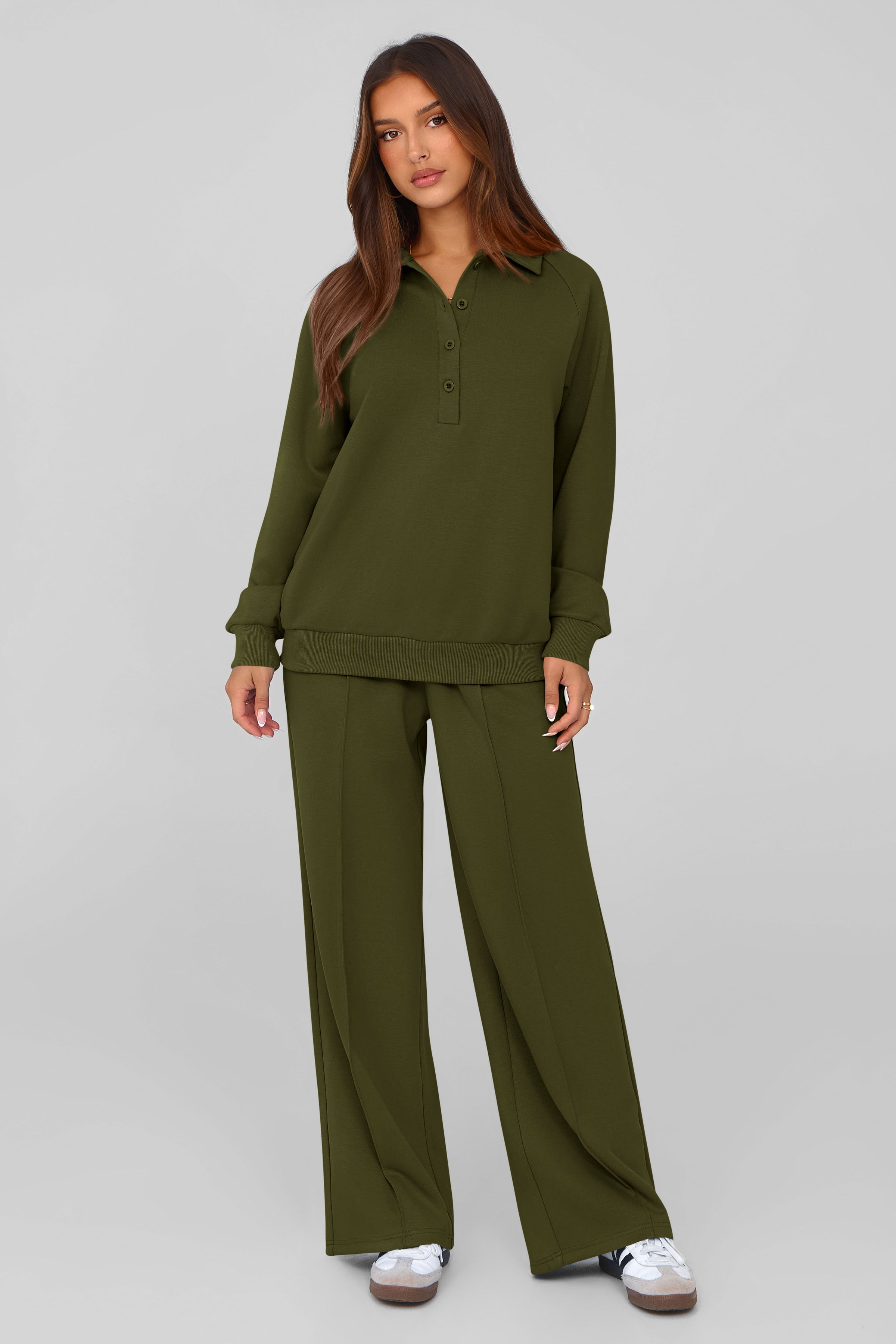 PRETTYGARDEN Women Fall 2 Piece Outfits Sweatsuits Quarter Button Long Sleeve Sweatshirt Wide Leg Pants Tracksuit Lounge Sets