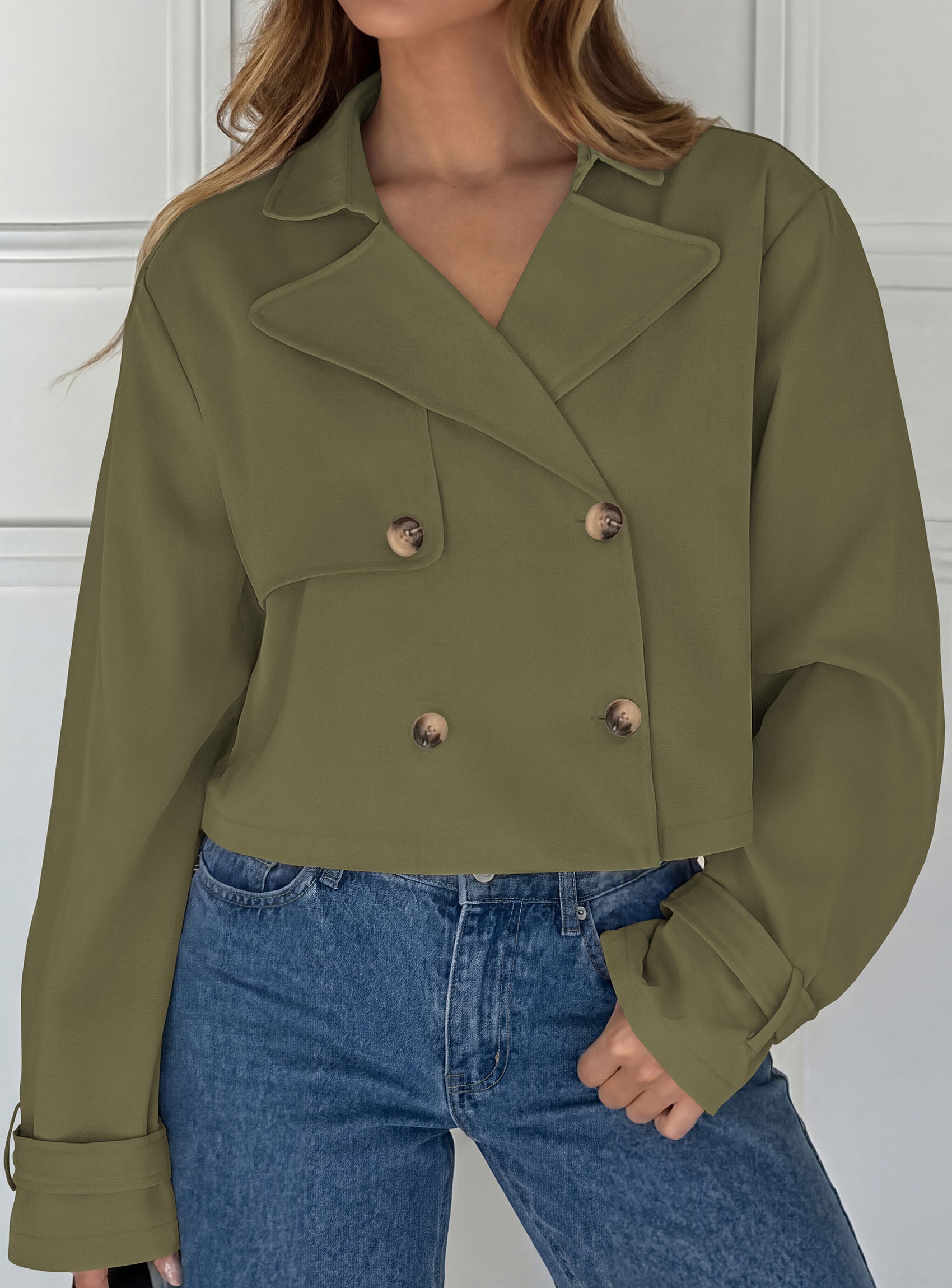 PRETTYGARDEN Cropped Trench Coat For Women Short Jacket  Soft Lightweight Coats, Lapel Double Breasted, Long Sleeve Loose Fit, Casual Work Office Jackets, Fall Winter Outwear
