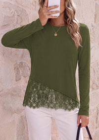 PRETTYGARDEN Women's Lace Patchwork Long Sleeve Shirts | Soft Casual Tops,Irregular Asymmetrical Hem,Crew Neck Thermal Blouses,Loose Fit Layer Tee,Fashion Fall Winter Daily Wear