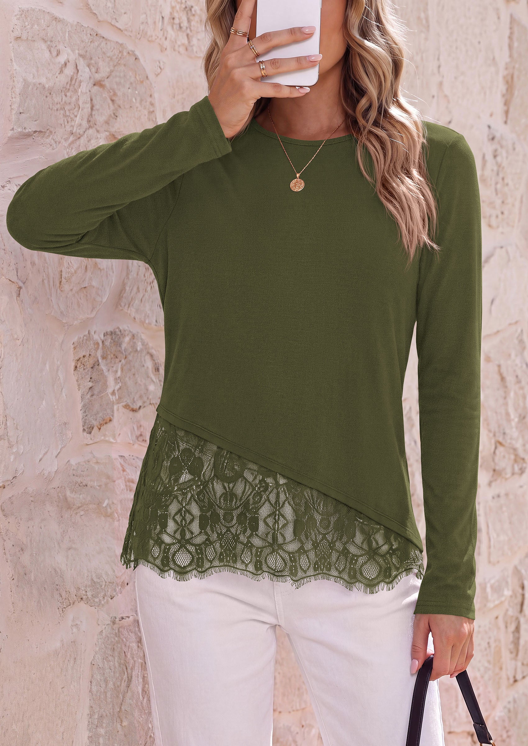 PRETTYGARDEN Women's Lace Patchwork Long Sleeve Shirts | Soft Casual Tops,Irregular Asymmetrical Hem,Crew Neck Thermal Blouses,Loose Fit Layer Tee,Fashion Fall Winter Daily Wear