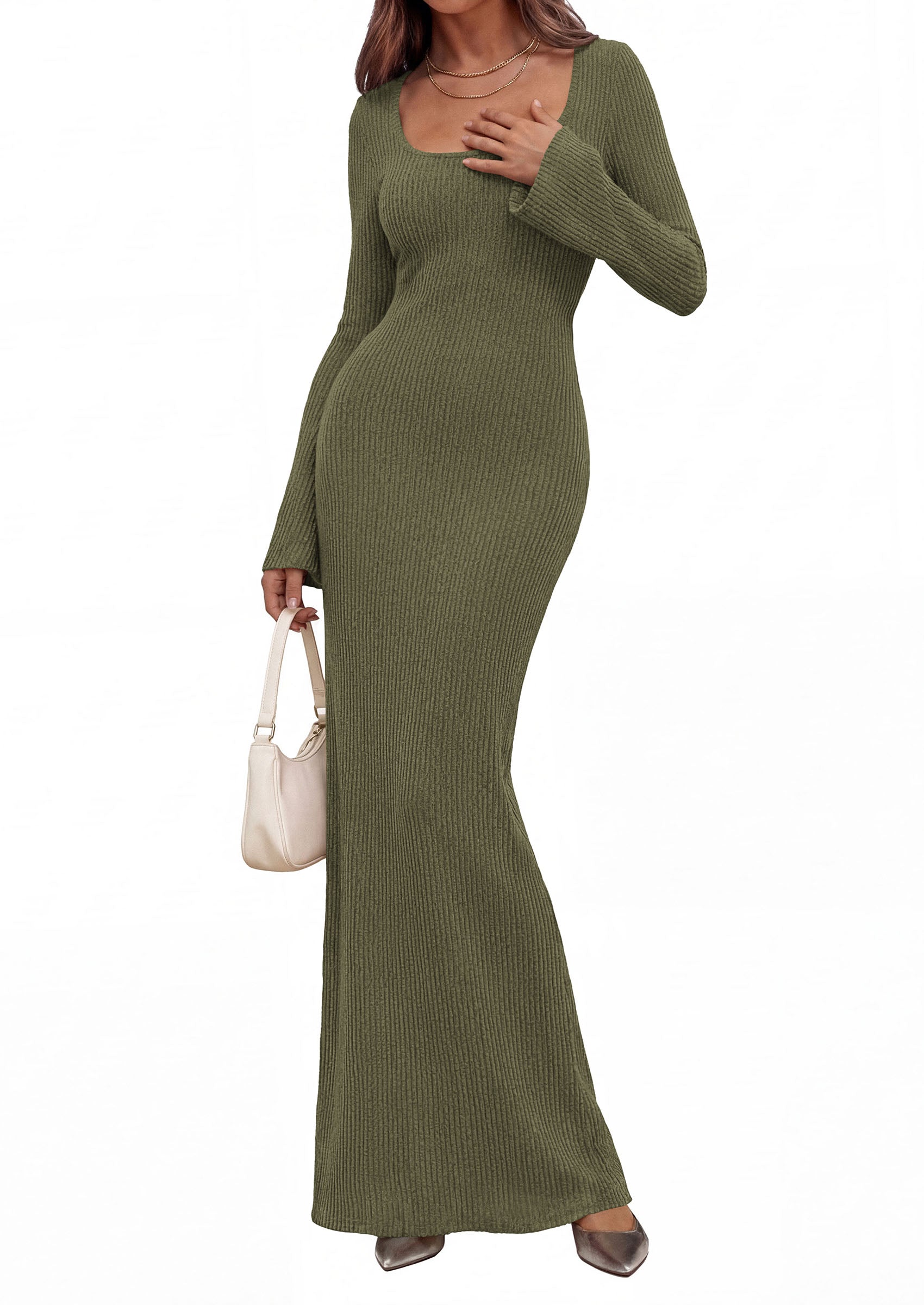 PRETTYGARDEN Women's Fall Long Sleeve Maxi Bodycon Dresses | Soft Stretchy Ribbed Knit, Bell Sleeve Square Neck Mermaid, Elegant Long Dress, Wedding Guest Party, 2026 Winter Clothing