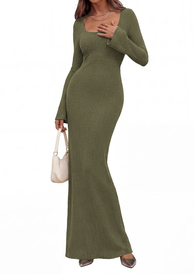 PRETTYGARDEN Women's Fall Long Sleeve Maxi Bodycon Dresses | Soft Stretchy Ribbed Knit, Bell Sleeve Square Neck Mermaid, Elegant Long Dress, Wedding Guest Party, 2026 Winter Clothing