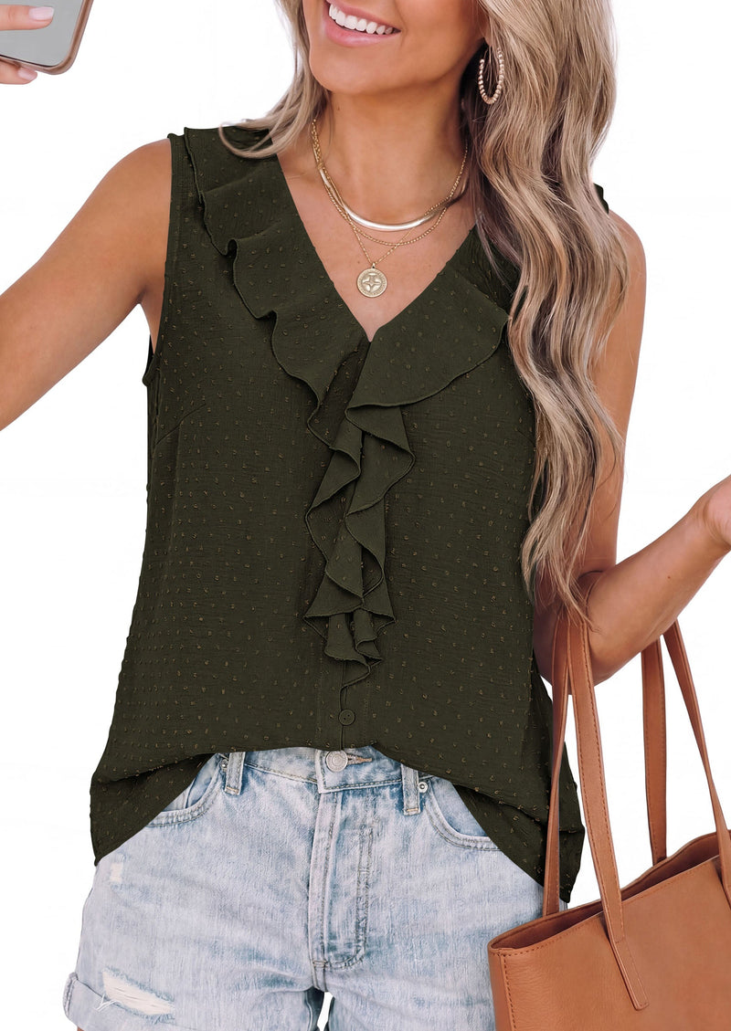 PRETTYGARDEN Womens Tank Tops 2026 Summer Dressy Casual Blouses Sleeveless Ruffle V Neck Swiss Dot Button Down Work Shirts PRETTYGARDEN