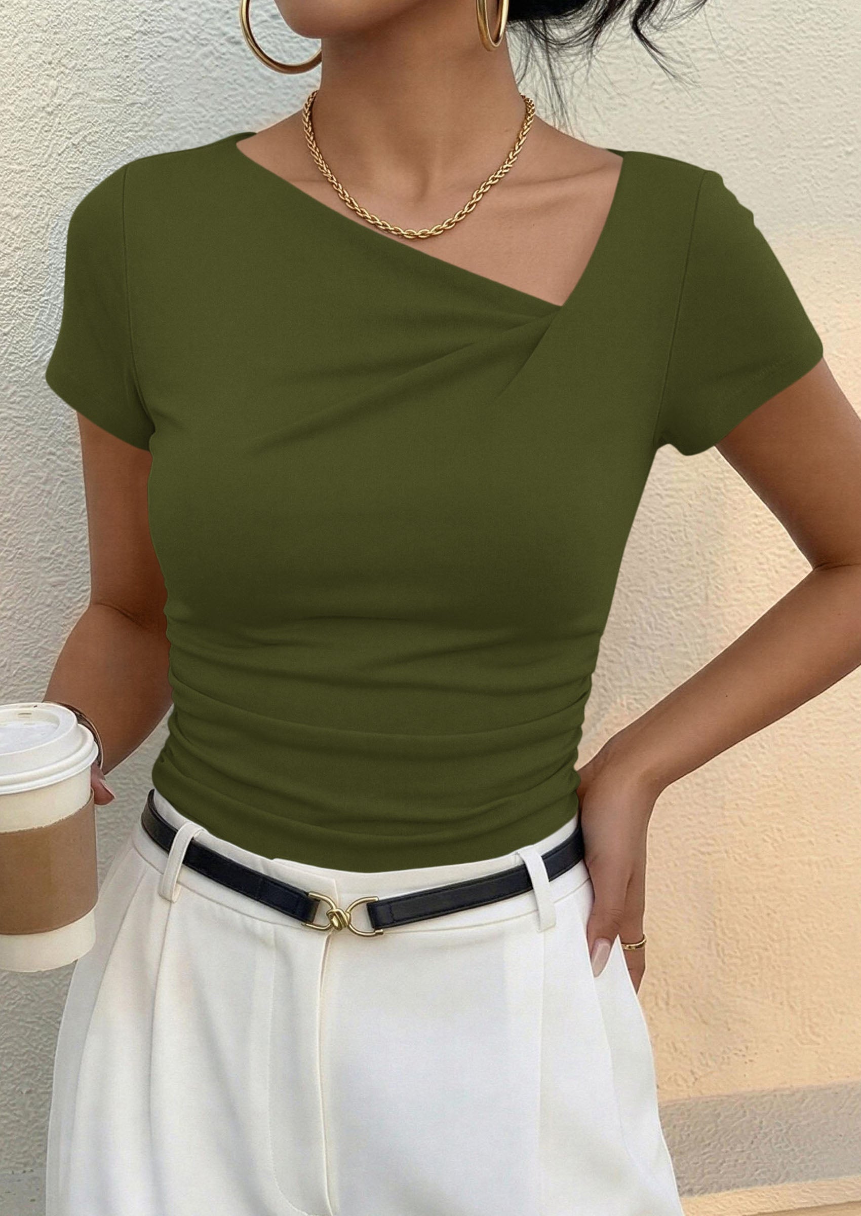 PRETTYGARDEN Women's 2026 Summer Asymmetrical Y2K Tops Trendy Ribbed Short Sleeve Fitted Tee Shirts Spring Fashion Clothing