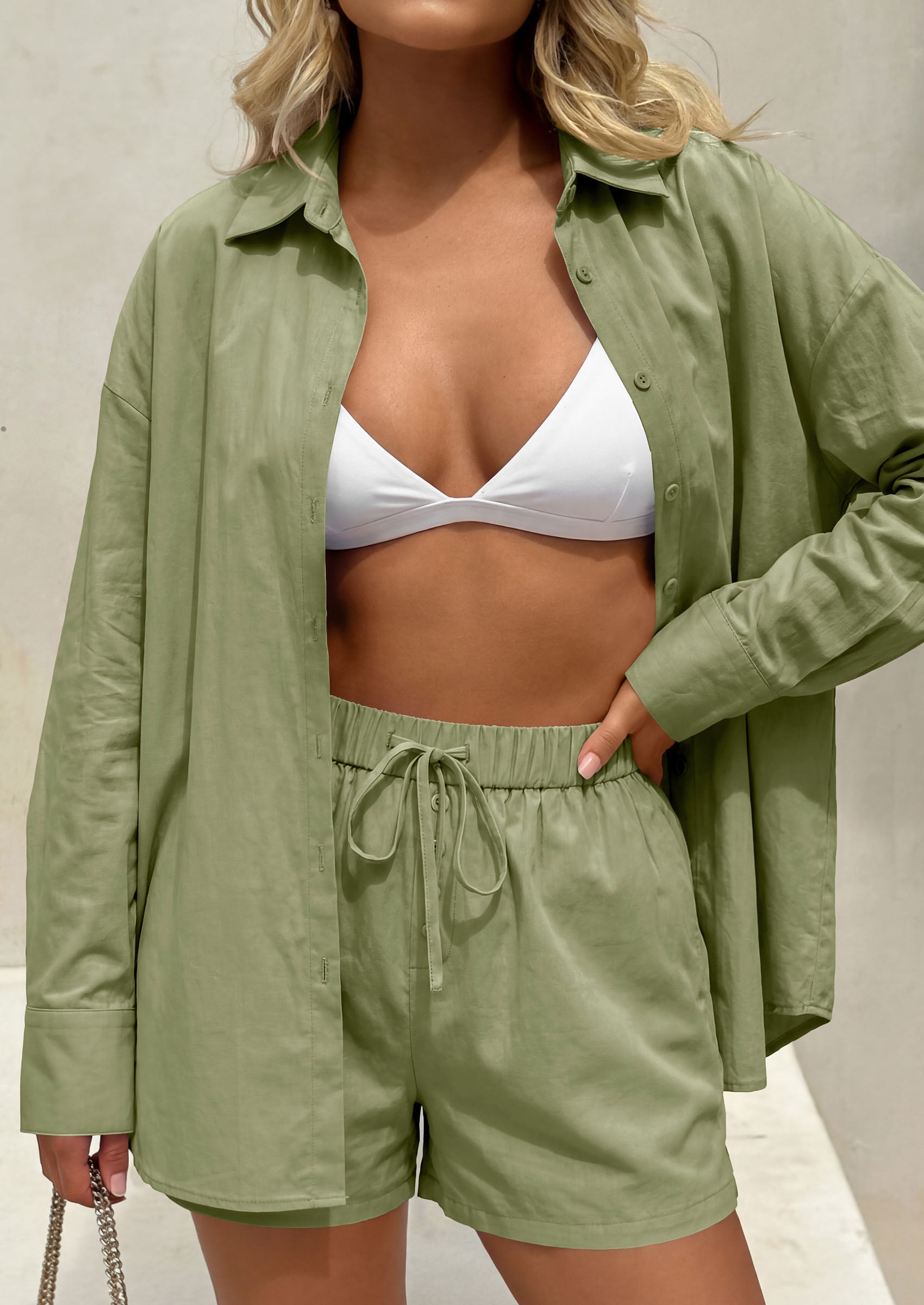 PRETTYGARDEN Women's Summer 2 Piece Matching Lounge Sets Pajamas Long Sleeve Shirts Blouse Pockets Shorts 2026 Spring Outfits