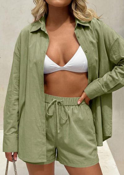 PRETTYGARDEN Women's Summer 2 Piece Matching Lounge Sets Pajamas Long Sleeve Shirts Blouse Pockets Shorts 2026 Spring Outfits