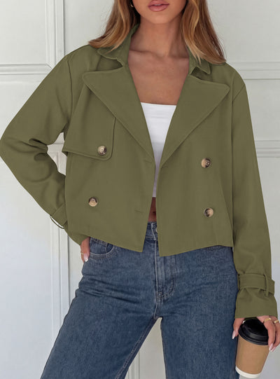 PRETTYGARDEN Cropped Trench Coat For Women Short Jacket  Soft Lightweight Coats, Lapel Double Breasted, Long Sleeve Loose Fit, Casual Work Office Jackets, Fall Winter Outwear