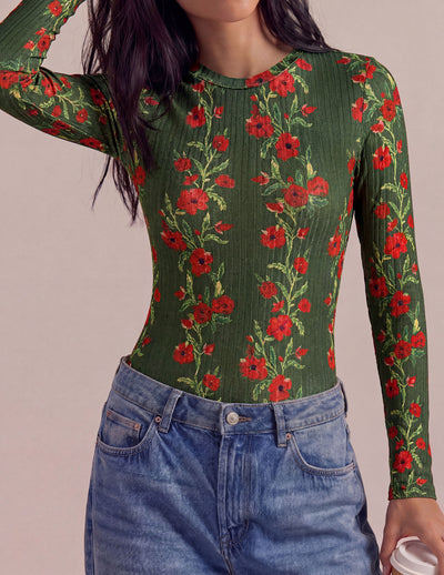 PRETTYGARDEN Womens Long Sleeve Shirts Floral Y2K Tops | Soft Lightweight Ribbed Knit Top,Fitted Waist,Crew Neck Slim Fit,Going Out Vacation Outfits,Layering Fall Winter Clothes
