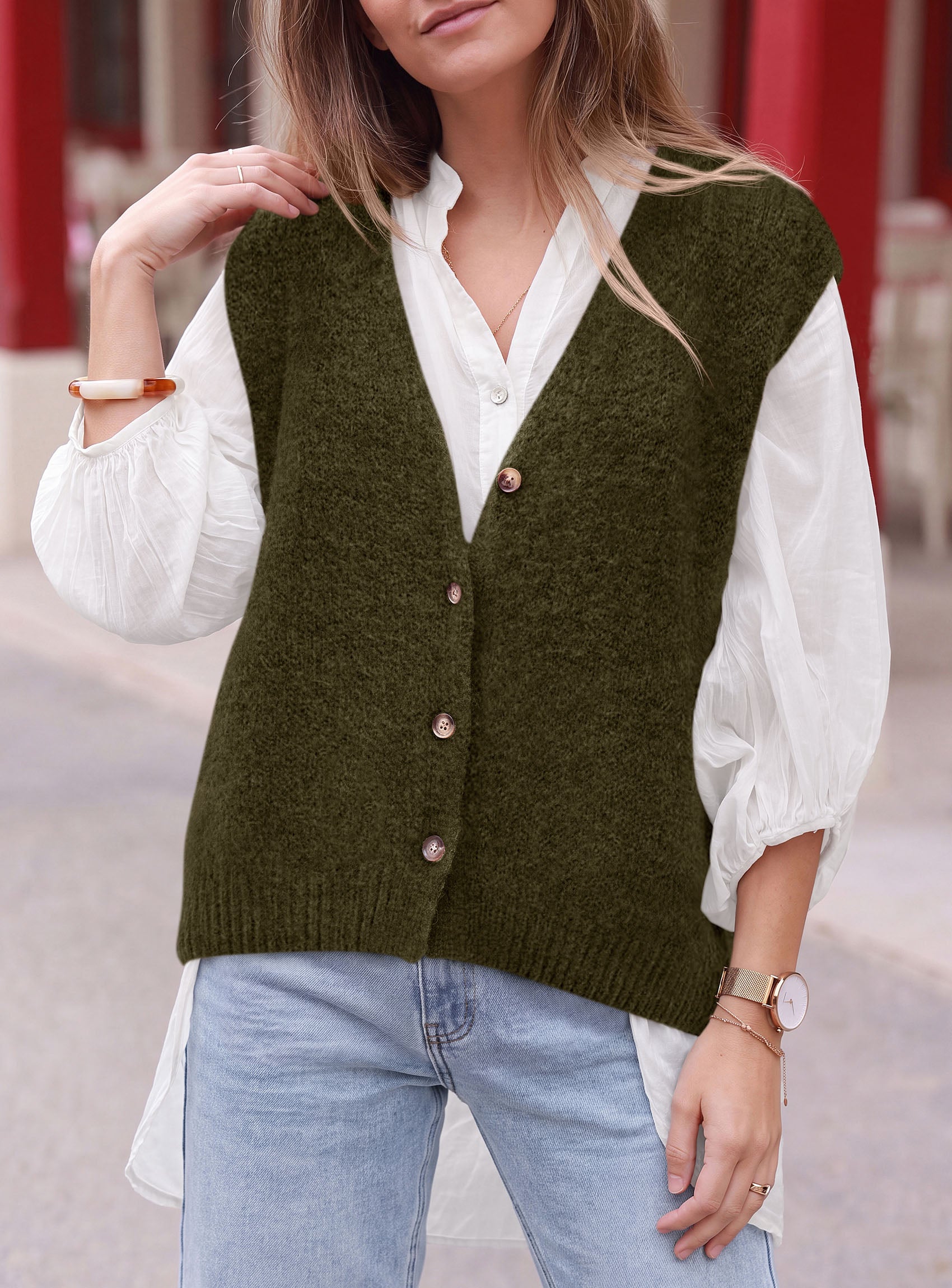 PRETTYGARDEN Womens Fall Sleeveless Button Down Sweater Vest  Soft Knit Fabric, Fashion Deep V Neck, Casual Loose Fit Sweater, Going Out Outfits, 2026 Trendy Winter Clothes