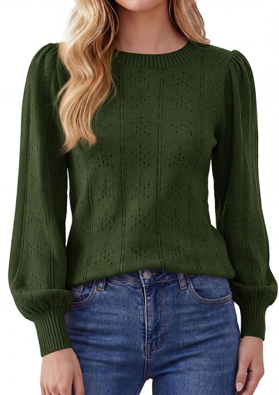 PRETTYGARDEN Women Fall Fashion Hollow Out Holiday Sweaters | Stretchy Cozy Knit, Puff Long Sleeve Pullover Tops, Crewneck Loose Fit, Dressy Casual Blouse, Trendy Winter Going Out Outfits